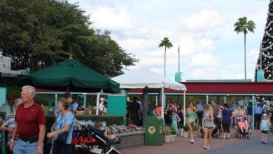 Guests stroll past a towering Christmas tree near a Disney security checkpoint