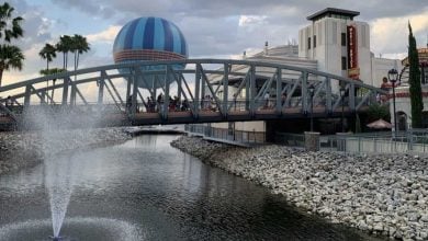 A fountain, bridge, and hot air balloon at Disney Springs