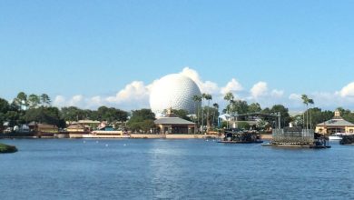 Spaceship Earth as seen from across the World Showcase Lagoon at EPCOT.