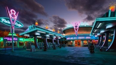 Exterior of Flo's V8 Cafe at night at California Adventure