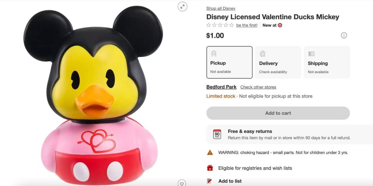Mickey Mouse-themed rubber duck with a pink heart on the Target website for $1
