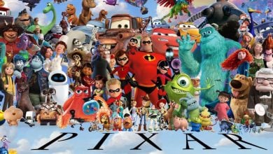 The Pixar logo with hundreds of Pixar characters.