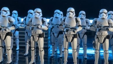 Stormtroopers line up on Star Wars: Rise of the Resistance.