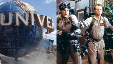 split image: on the left, universal orlando resort spinning globe. on the right, ghosbusters from original film sneaking up on ghost