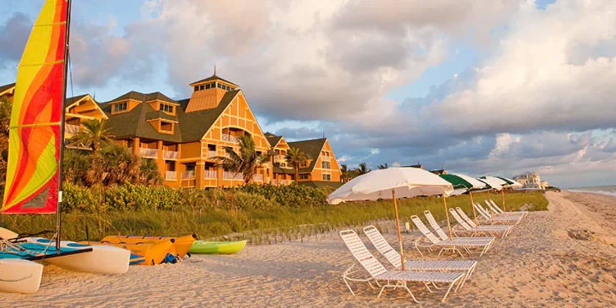 Beach chairs and umbrellas stretch at Disney's Vero Beach Resort