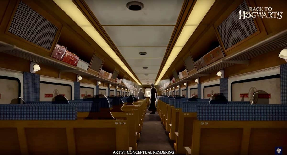 Step into a magical Hogwarts Express-inspired train car, featuring classic wooden seats and vintage-style luggage racks.