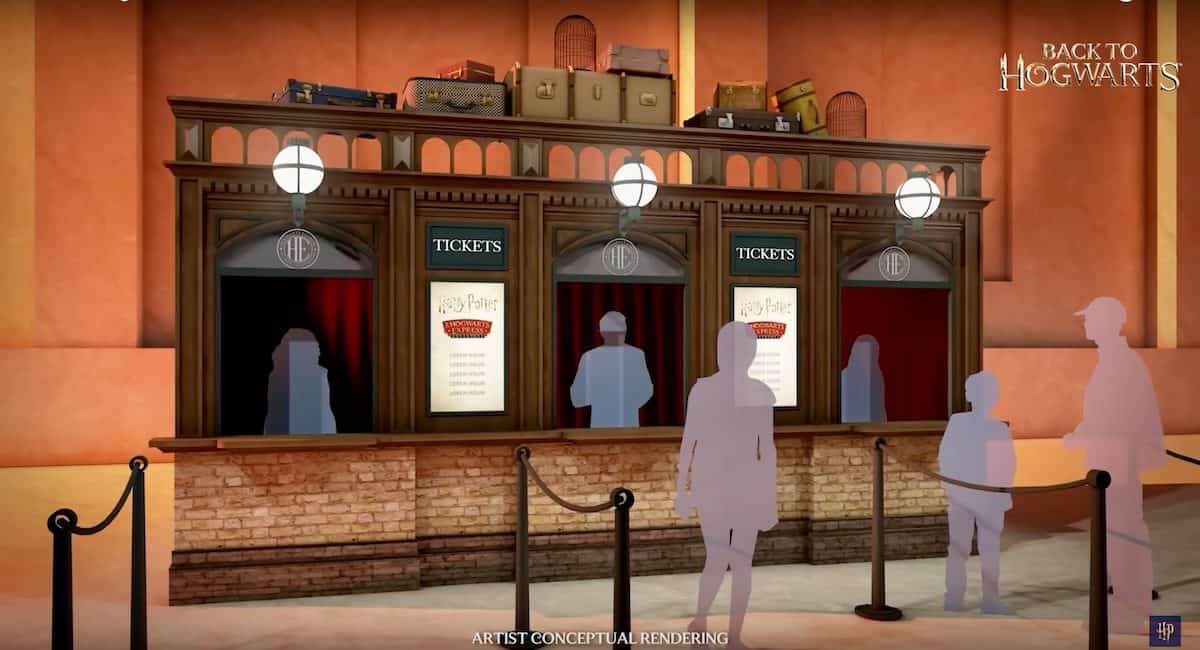Back to Hogwarts" ticket booth concept art with guests lining up for the Wizarding World experience.