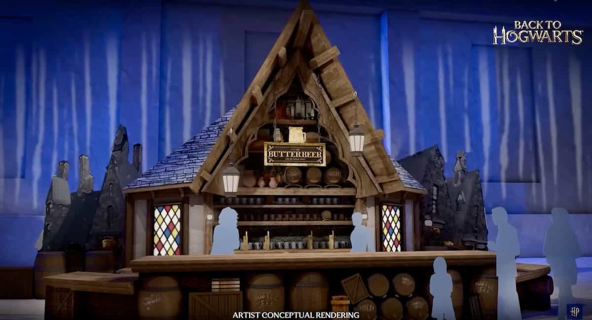 The Butterbeer bar at The Wizarding World of Harry Potter, featuring a peaked roof, stained glass, and bustling magical crowds.