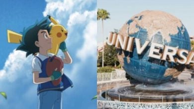 split image: on the left, ash and pikachu look up at the sky. on the right, universal orlando's spinning globe