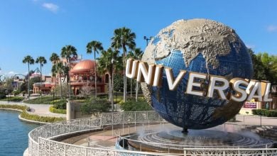 Universal Orlando's iconic spinning globe with Hard Rock Cafe and Islands of Adventure in the distance. Universal Orlando location closure. Universal Orlando ticket deal