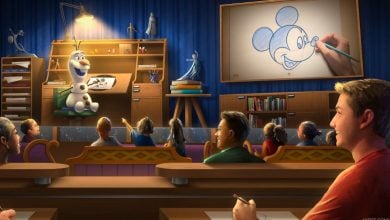Olaf leads an interactive drawing class at a Disney park, guiding guests of all ages to sketch Mickey Mouse on a big screen.