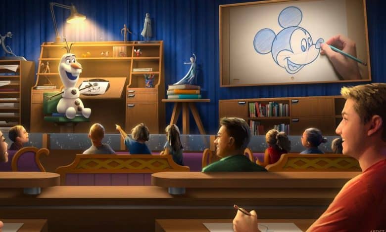Olaf leads an interactive drawing class at a Disney park, guiding guests of all ages to sketch Mickey Mouse on a big screen.