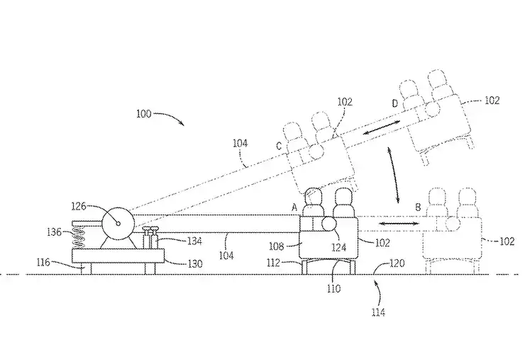 Ride layout diagram illustrating seats on a spinning arm as they tilt and soar, simulating thrilling amusement park motions.
