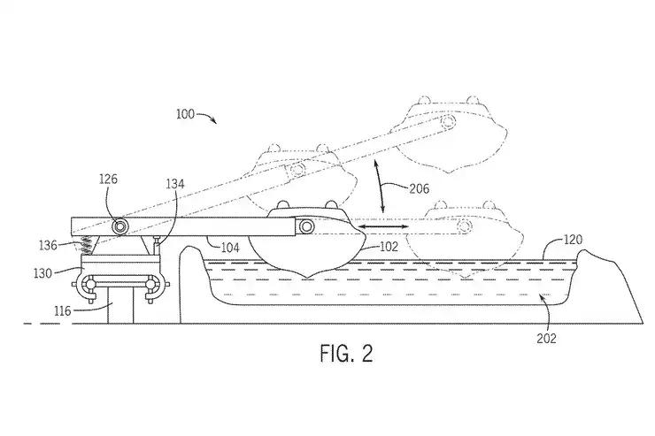 Blueprint illustrating an animatronic arm with various motions above a themed ride conveyor, labeled for show elements.