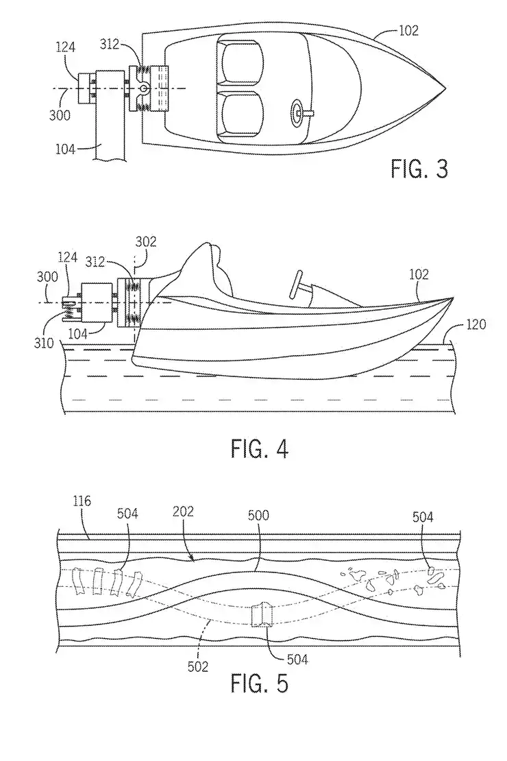 Blueprint-style illustrations of a theme park adventure boat, with outboard motor, from top, side, and river cruise angles.