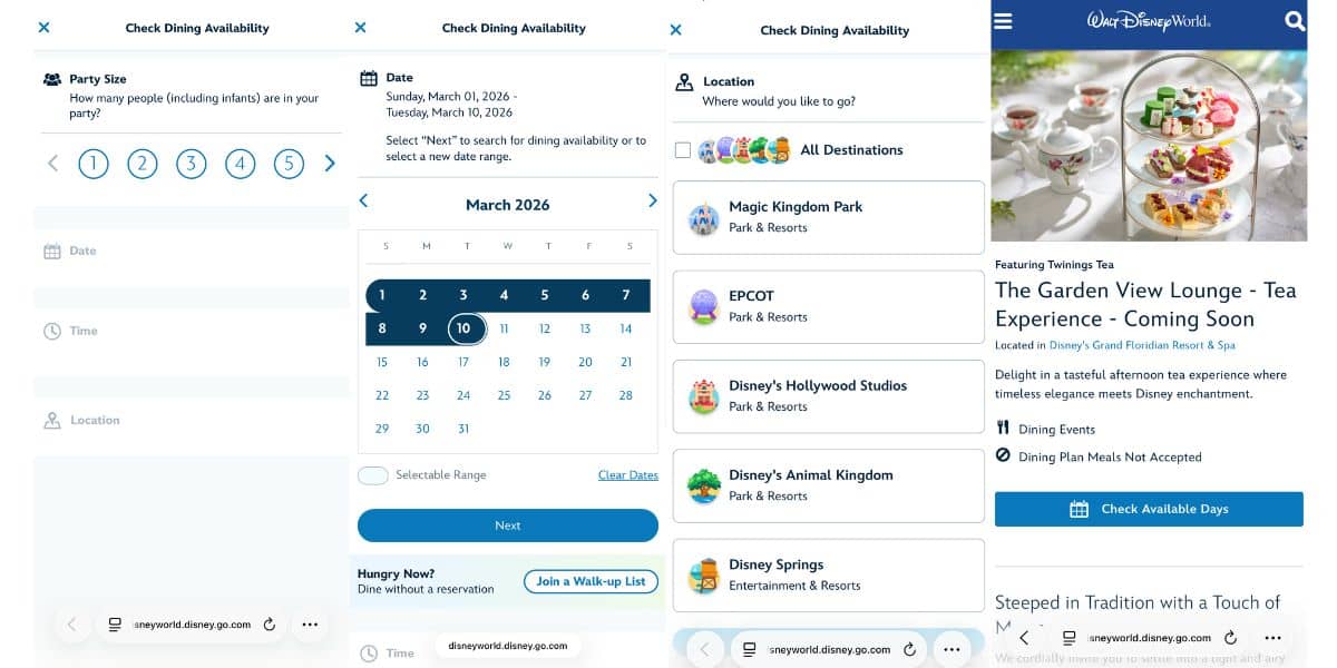 Disney dining reservation page with dates, times, party size, locations, and tea options for planning your next park visit.