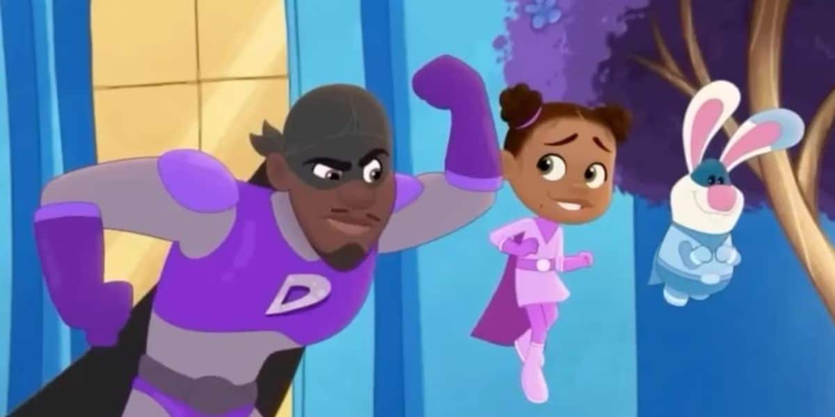 The Power Pals—Star Defender, Lily Spark, and Rocket Rabbit—strike heroic poses in a vibrant, animated adventure scene.