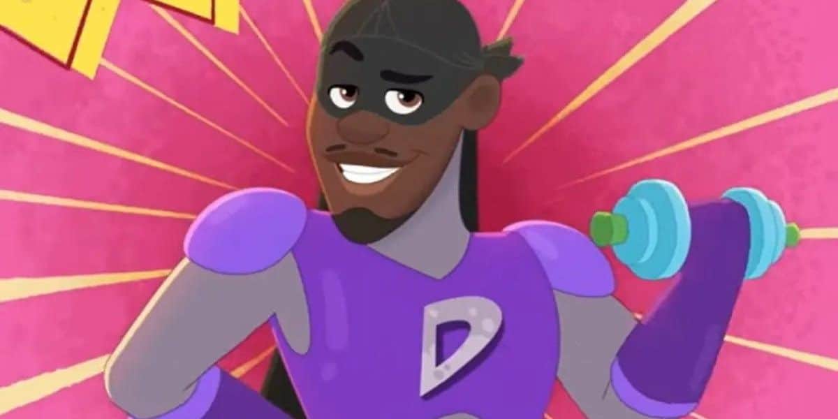 Our Superhero star poses in a vibrant purple suit, grinning with a dumbbell against a burst of pink and yellow excitement!.