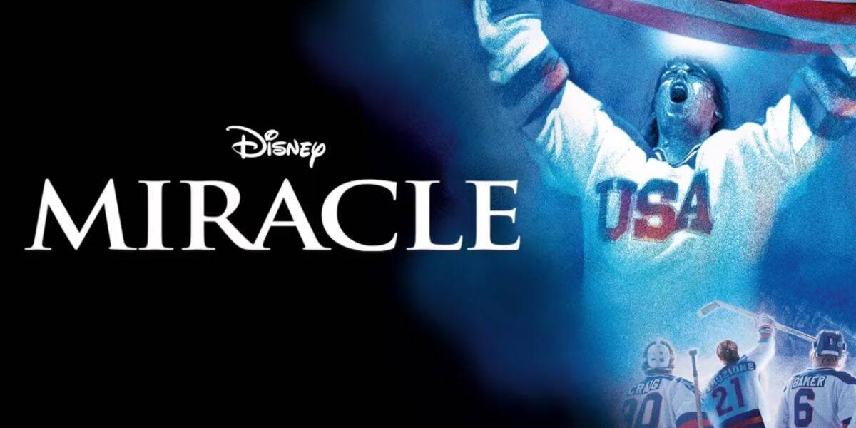 Miracle on Disney+: Celebrate American spirit with a victorious USA hockey player beneath a billowing stars-and-stripes flag.