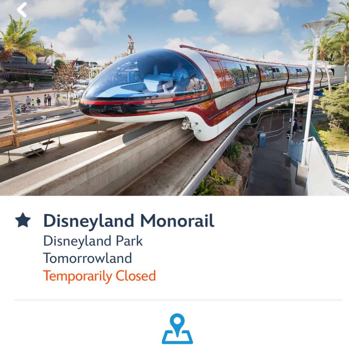 The Disneyland Monorail listed as "temporarily closed"