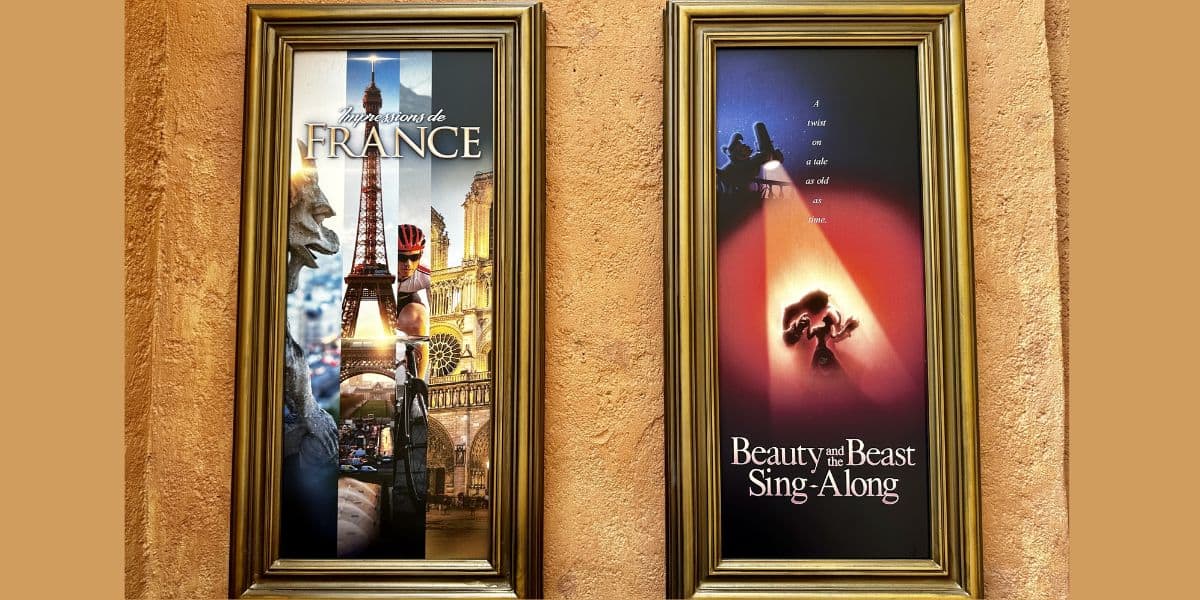 Framed posters for Impressions de France and Beauty and the Beast Sing-Along at EPCOT, celebrating Disney classics.