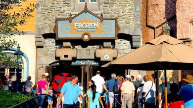 Guests line up outside Frozen Ever After in Epcot’s Norway Pavilion.