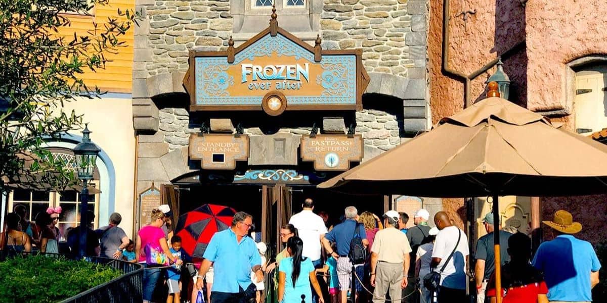 Guests line up outside Frozen Ever After in Epcot’s Norway Pavilion.