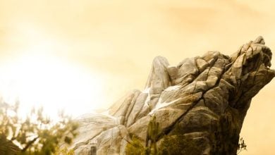Iconic wolf-shaped rock formation glows at sunset in Disneyland, though some areas remain off-limits due to guest flow.