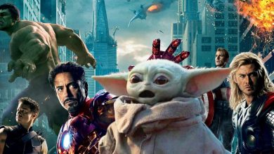 Grogu poses with the Avengers