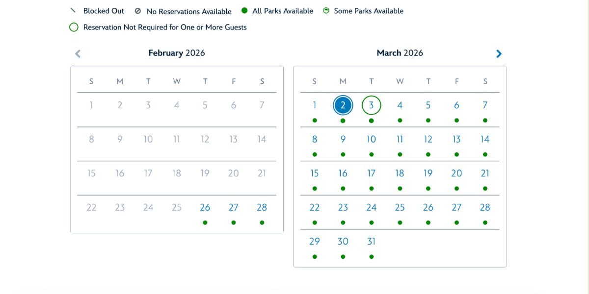 A park availability calendar for Feb and Disney March 2026 shows wide open dates, with few annual passholder blockouts.