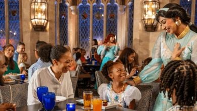 Princess Jasmine meeting guests in a restaurant