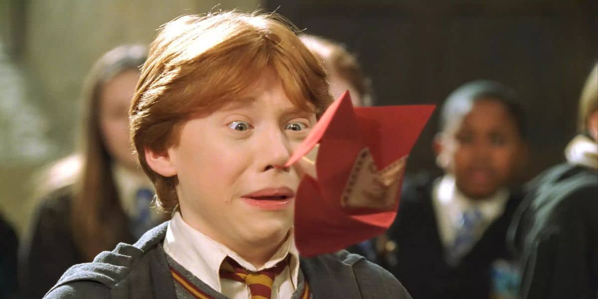 Ron Weasley (Rupert Grint) looking scared at a Howler