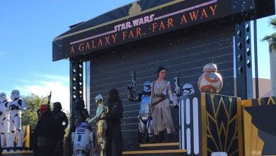 Rey and Star Wars droids appear during a temporary show in front of the Chinese Theater at Disney's Hollywood Studios.