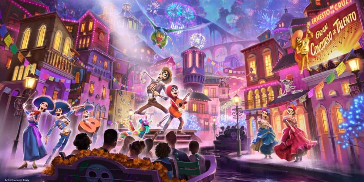 Concept art for the 'Coco' ride coming to Disney California Adventure Park.