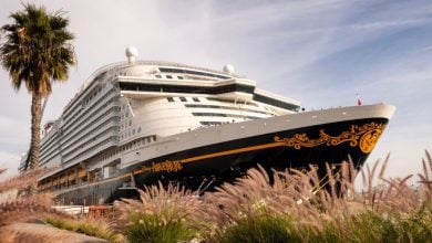 The Disney cruise ship, with shimmering gold details, is docked in Singapore, framed by tropical palms for a magical arrival.