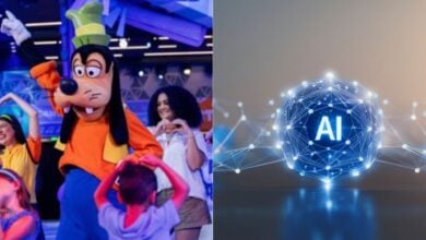 split image. on the left, goofy dancing with guests during cool kids summer in disney world. on the right, an AI bubble