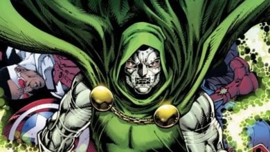 Doctor Doom with Sam Wilson defeated in the background. Take from Marvel Comic book
