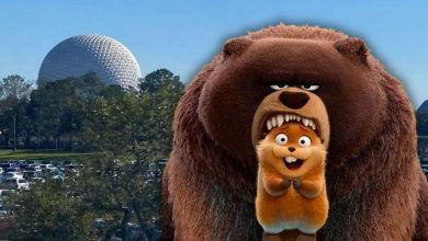 Two characters from 'Hoppers' edited in front of Spaceship Earth at EPCOT.