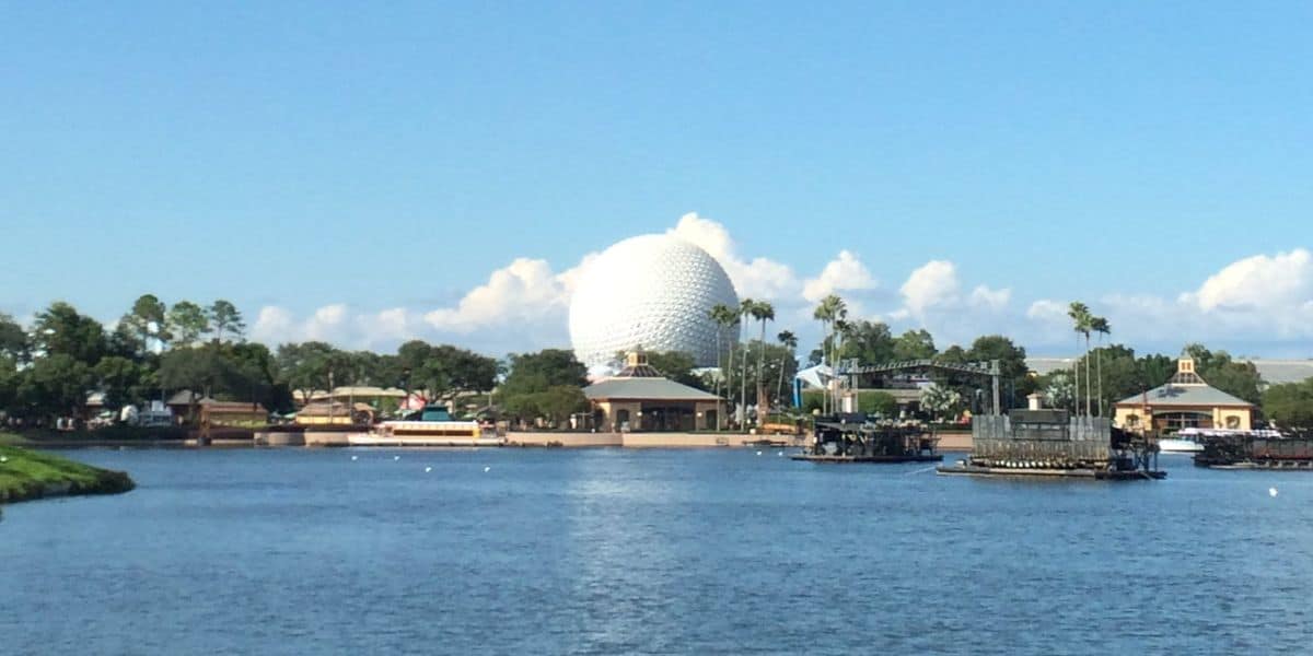 Spaceship Earth towers above the EPCOT World Showcase Lagoon