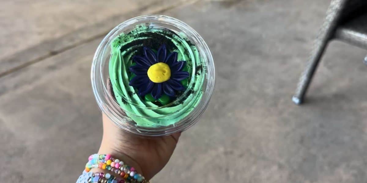 A festive green dessert cup with a purple flower topper at Disney’s Grand Floridian, perfect for Easter celebrations.