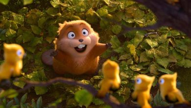 A playful Pixar-style critter on leafy ground gazes at four yellow birds, celebrating Hoppers' March 6 debut in animated fun.