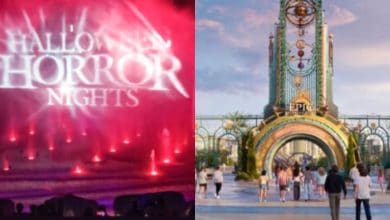 split image with Halloween Horror Nights water show on the left and Epic Universe entrance on the right