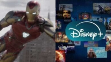 split image: on the left, iron man flies in the air. on the right, Disney+ logo in front of streaming titles