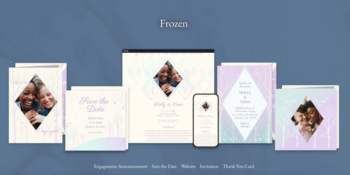 Frozen-themed wedding stationery with pastel cards, site, and phone—ideal for Disney Parks fans planning magical celebrations.