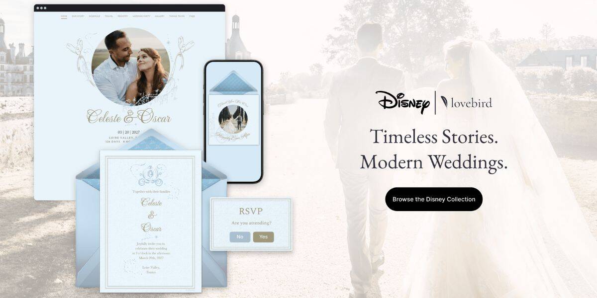 Disney wedding invites and website set against Cinderella Castle, perfect for magical couples—plus an exclusive Disney giveaway!.