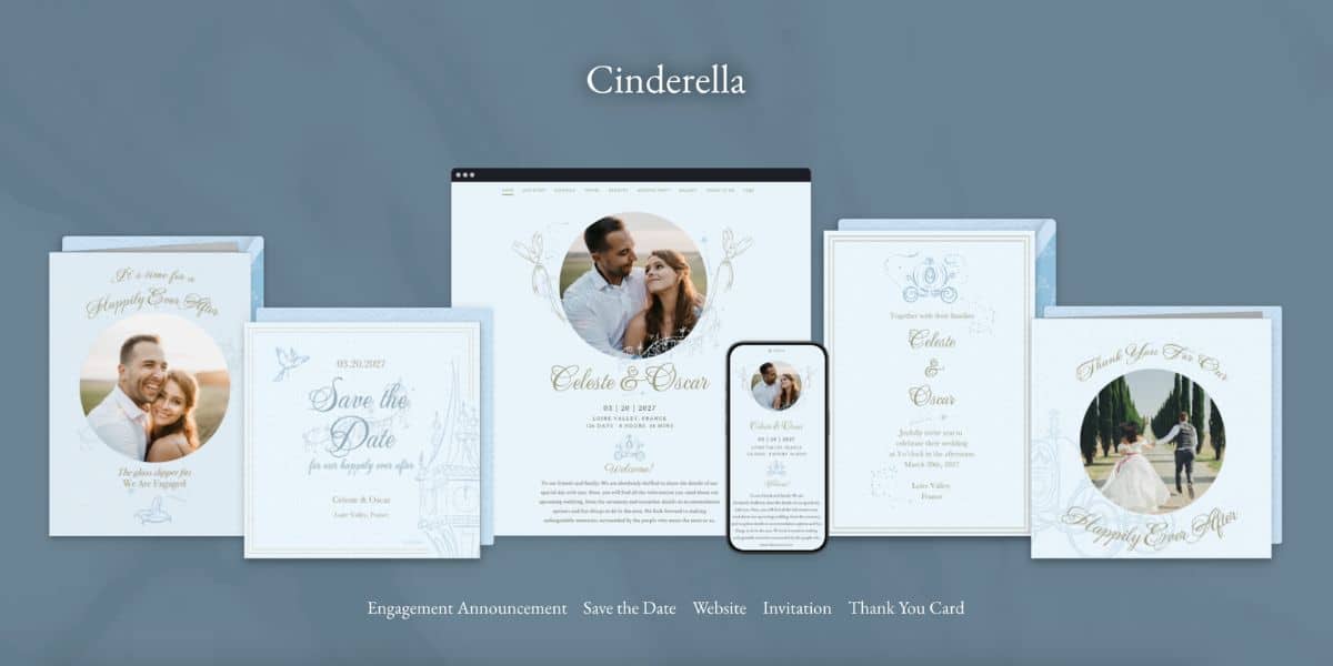 Cinderella-themed wedding stationery set with photos, invitations, and a Disney website preview. Enter to win $10 off—magical!.