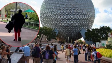 Guests approaching Epcot’s iconic Spaceship Earth; inset highlights a visitor in bold red pants and a black jacket heading out.