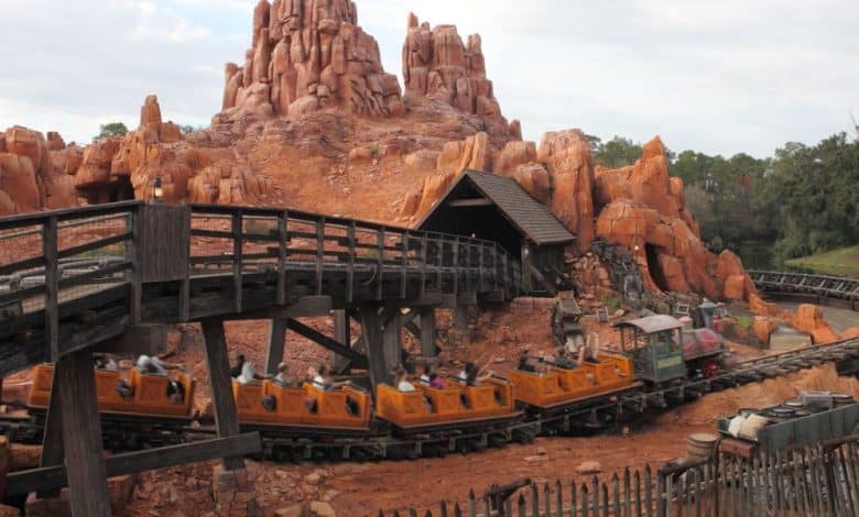 A train under a bridge on Big Thunder Mountain Railroad at the Magic Kingdom