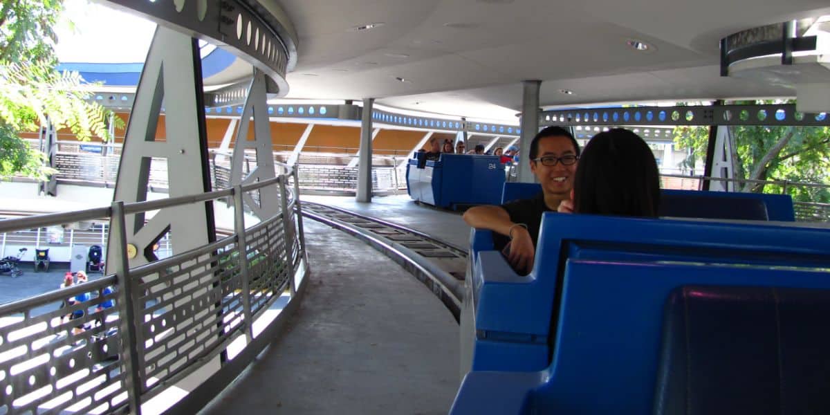 Guests riding the Tomorrowland Transit Authority PeopleMover at Magic Kingdom Park.