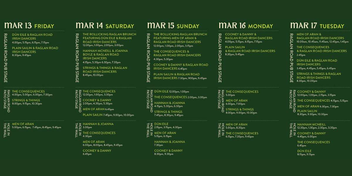 Irish Festival event schedule, March 13–17, with daily times and locations on a festive green backdrop at Disney Springs.